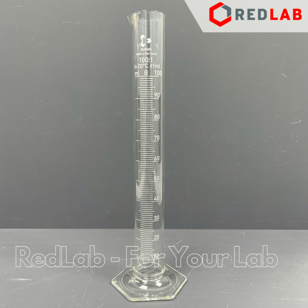 Ống đong thủy tinh DURAN Class B 10 25 50 100 250 500 1000 2000 ml, đế lục giác, vạch trắng, Measuring Cylinder, có VAT