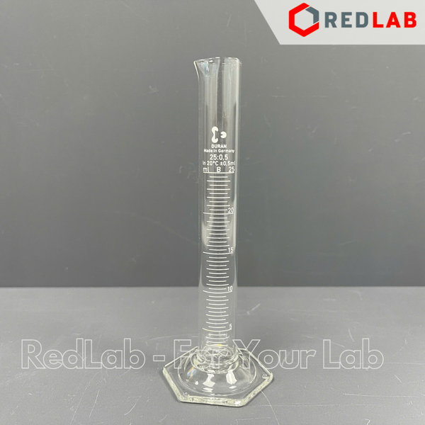 Ống đong thủy tinh DURAN Class B 10 25 50 100 250 500 1000 2000 ml, đế lục giác, vạch trắng, Measuring Cylinder, có VAT
