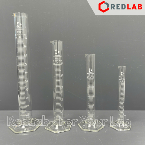 Ống đong thủy tinh DURAN Class B 10 25 50 100 250 500 1000 2000 ml, đế lục giác, vạch trắng, Measuring Cylinder, có VAT