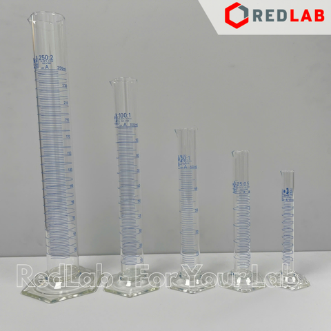 Ống đong thủy tinh DURAN Class A 10 25 50 100 250 500 1000 2000 ml, đế lục giác, vạch xanh, Measuring Cylinder, có VAT