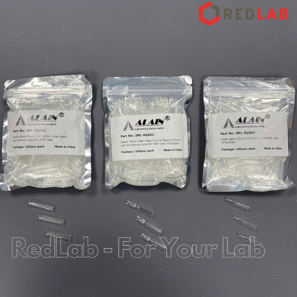 Ống insert sắc ký ALAIN 250ul 300ul 6x29mm 6x31mm đáy bằng / đáy nhọn / có lò xo định tâm, cho vial 2ml 9-425, có VAT
