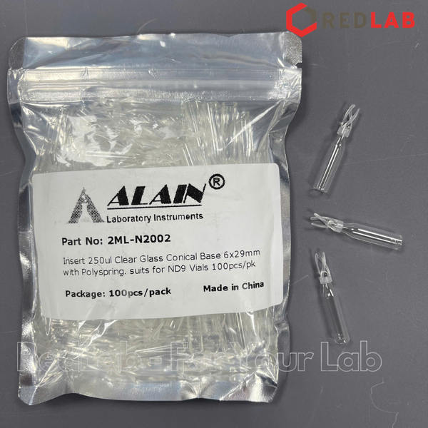 Ống insert sắc ký ALAIN 250ul 300ul 6*29mm 6*31mm đáy bằng / đáy nhọn / có lò xo định tâm, cho vial 2ml 9-425, có VAT