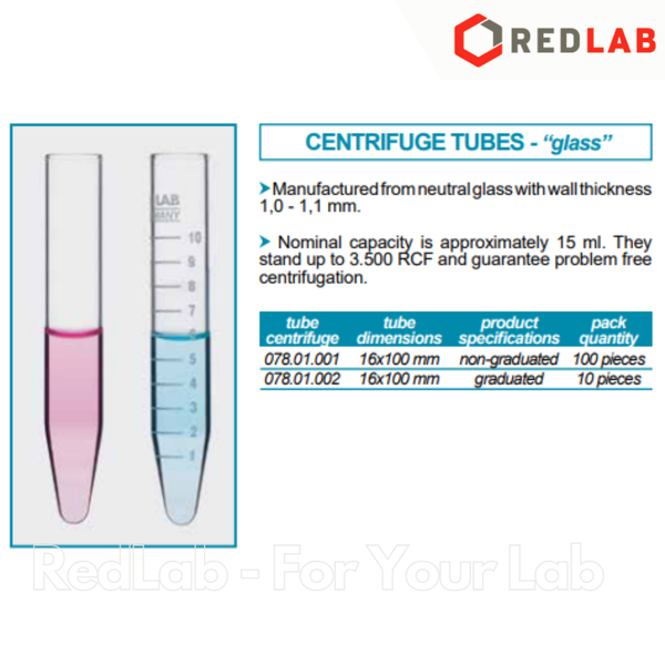 Ống ly tâm thủy tinh đáy nhọn 15ml ISOLAB 078.01.002, chia vạch, boro 3.3 conical bottom centrifuge tubes, có VAT