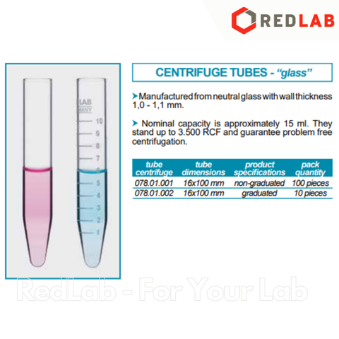 Ống ly tâm thủy tinh đáy nhọn 15ml ISOLAB 078.01.002, chia vạch, boro 3.3 conical bottom centrifuge tubes, có VAT