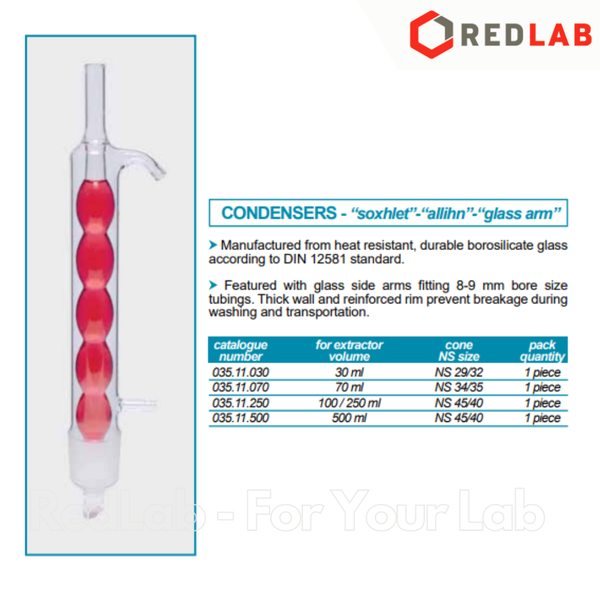 Ống sinh hàn bóng (Allihn) ISOLAB cho bộ chiết Soxhlet 100ml / 250ml - NS 45/40, condenser for Soxhlet extractor, có VAT