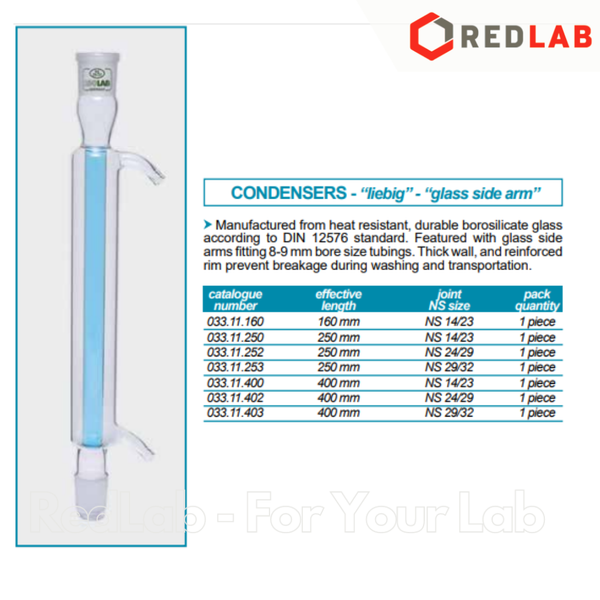 Ống sinh hàn bóng (Liebig) ISOLAB phần lạnh dài 250 400 mm, 2 đầu nhám 29/32, Liebig condenser, có VAT
