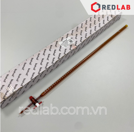 Buret thủy tinh Nâu BIOHALL khóa nhựa PTFE 10 25 50 100 ml, Class AS, chia vạch trắng, có VAT