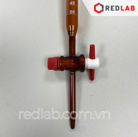 Buret thủy tinh Nâu BIOHALL khóa nhựa PTFE 10 25 50 100 ml, Class AS, chia vạch trắng, có VAT