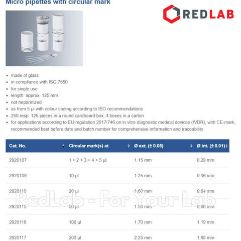 Ống mao quản chấm sắc ký 100ul dài 125mm MARIENFELD 2920116 có vạch mức (hộp 250 cái) có VAT