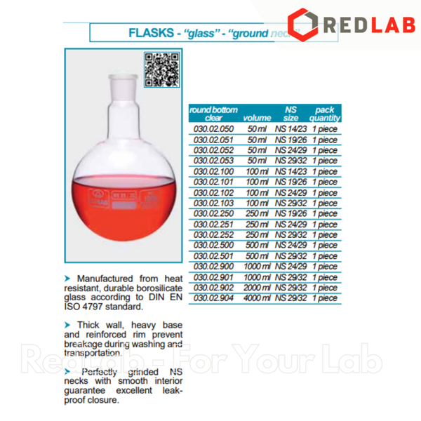 Bình cầu đáy tròn cổ nhám ISOLAB 50 100 250 500 1000 2000 ml - 19/26 24/29 29/32, ground neck round bottom flasks, có VAT