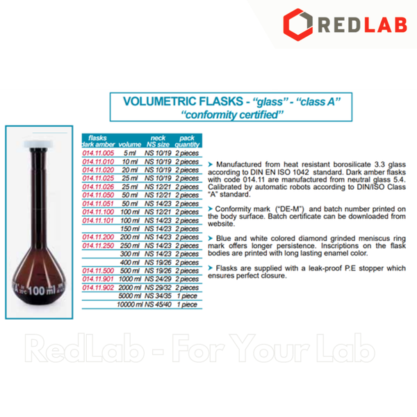 Bình định mức Nâu Đậm ISOLAB Class A 5 10 20 25 50 100 200 250 ml nút nhựa, dark amber volumetric flasks, có VAT