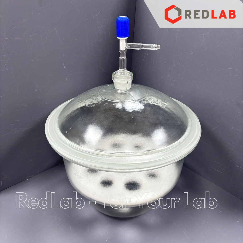 Bình hút ẩm trắng có vòi, đĩa sứ GLACIER 150 200 250 300 mm, Desiccator with lid (vacuum) thuỷ tinh borosilicate, có VAT