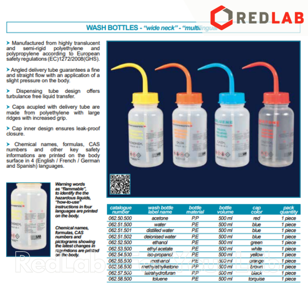 Bình tia nhựa đựng dung môi 500ml nhãn Ethanol ISOLAB 062.52.500 nhựa PE, narrow neck polyethylene wash bottle, có VAT