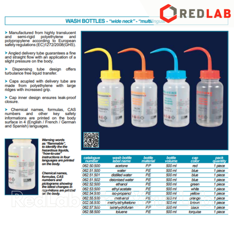 Bình tia nhựa đựng dung môi 500ml nhãn Ethanol ISOLAB 062.52.500 nhựa PE, narrow neck polyethylene wash bottle, có VAT