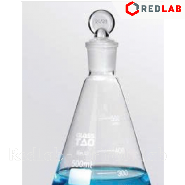 Bình tam giác GlassTAO 100 250 500 1000ml cổ nhám 24/29 29/32, erlen nắp mài, đựng mẫu thí nghiệm, có VAT