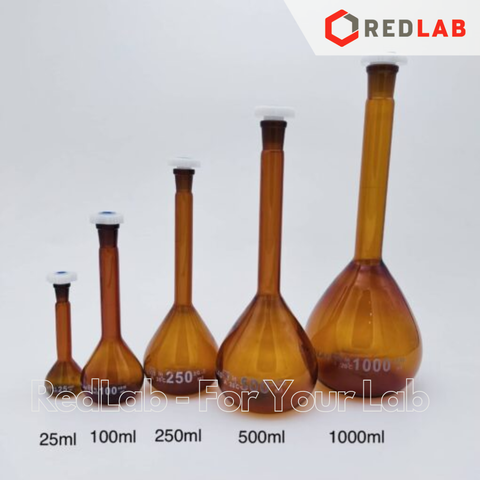 Bình định mức Nâu nút nhựa GENLAB 10 25 50 100 200 250 500 1000 2000 ml, dùng định mức mẫu thí nghiệm, có VAT