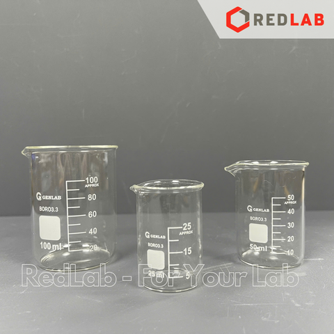 Cốc đốt thủy tinh thấp thành GENLAB 10 25 50 100 250 500 1000 ml 2 3 5 10 L, beaker thí nghiệm có mỏ, chịu nhiệt, có VAT