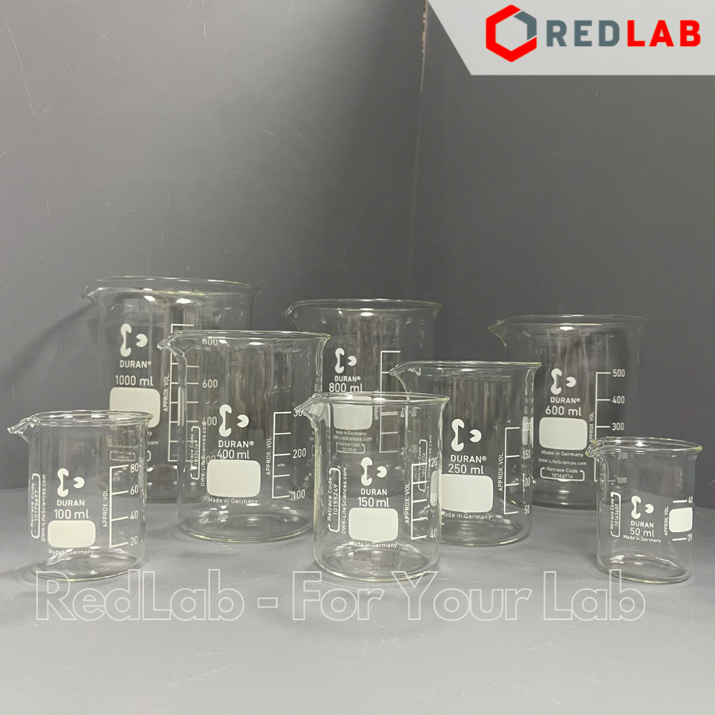 Cốc đốt thủy tinh thấp thành DURAN Class A 50 100 150 250 400 600 800 ml, 1 2 3 5 L, beaker có mỏ chịu nhiệt, có VAT