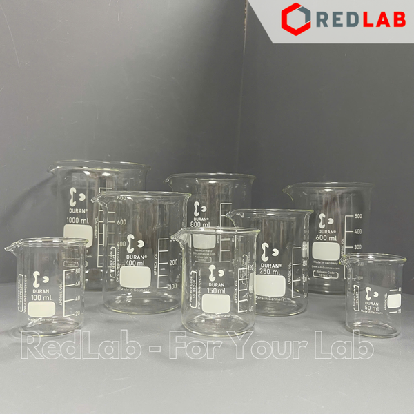 Cốc đốt thủy tinh thấp thành DURAN Class A 50 100 150 250 400 600 800 ml, 1 2 3 5 L, beaker có mỏ chịu nhiệt, có VAT