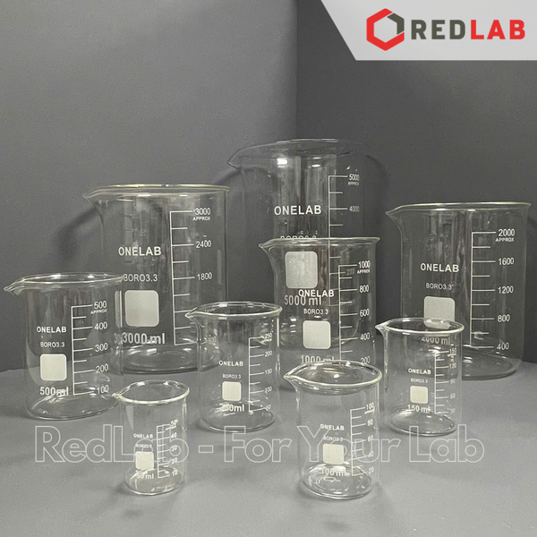 Cốc đốt thủy tinh thấp thành ONELAB 50 100 150 250 500 1000 ml 2 3 5 10 L, beaker thí nghiệm có mỏ, chịu nhiệt, có VAT