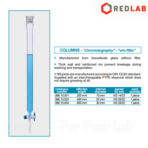 Cột sắc ký thủy tinh ISOLAB dài 20 40 60 cm, Ø 10 20 30 mm - 14/23 29/32, chromotography columns, có VAT