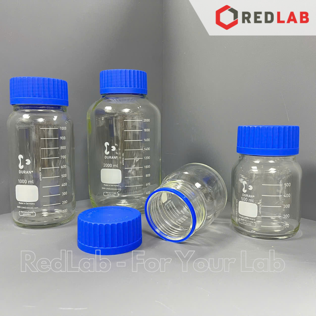 Chai trung tính Miệng Rộng GLS 80 DURAN 250 500 1000 2000 ml, thuỷ tinh borosilicate 3.3 chịu nhiệt, nắp nhựa PP, có VAT