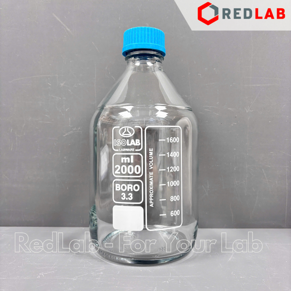Chai trung tính trắng ISOLAB 100 250 500 1000 ml 2 3 5 10 L nắp vặn PP xanh GL45, thủy tinh borosilicate, có VAT
