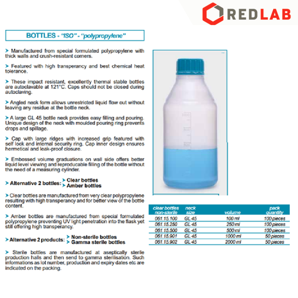 Chai nhựa PP nắp vặn GL45 ISOLAB 100 250 500 1000 2000 ml, chia vạch, có nắp trong, đựng mẫu thí nghiệm, có VAT