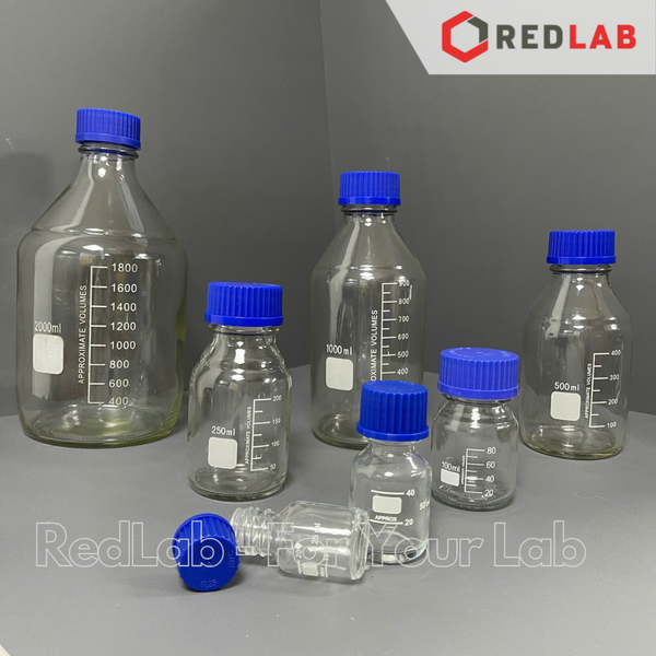 Chai trắng nắp vặn xanh ONELAB 25 50 100 250 500 1000 ml 2L 5L 10L 20L - GL45, chai thuỷ tinh soda-lime, đựng mẫu thí nghiệm, có VAT