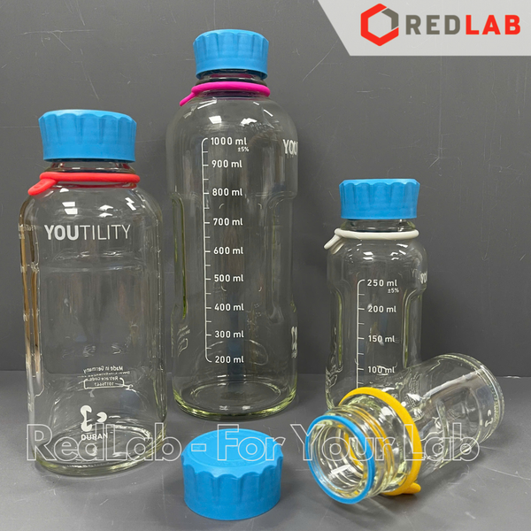 Chai trung tính YOUTILITY trắng DURAN 100 250 500 1000 ml, thuỷ tinh borosilicate 3.3 chịu nhiệt, nắp nhựa PP, có VAT