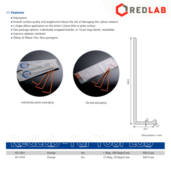 Que trang nhựa dạng L BIOLOGIX 65-1001 Individually sterile, nhựa PS màu cam (L-shaped Spreader) có VAT
