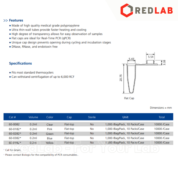 [1000 cái] Ống ly tâm PCR 0.2ml BIOLOGIX 60-0082, nhựa PP, nắp bằng, ly tâm 6000RCF, PCR single tube, có VAT