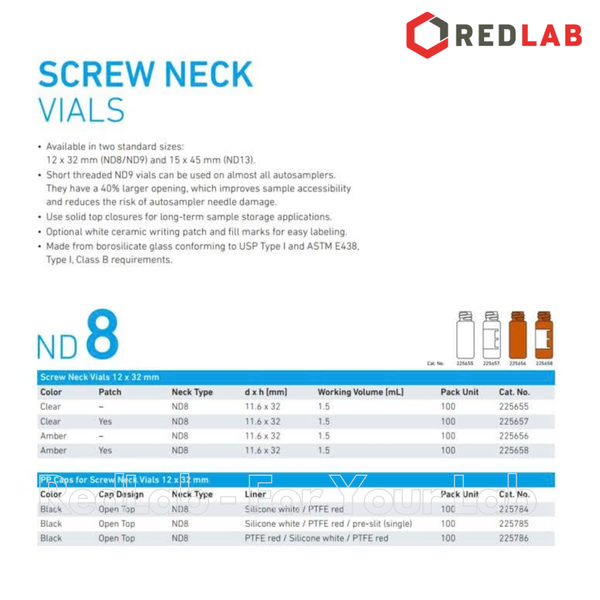 Nắp vặn đen nhựa có lỗ, đệm Silicone trắng/ PTFE đỏ DWK 225784 dùng cho chai vial 1.5ml ND 8 (gói 100 cái) có VAT