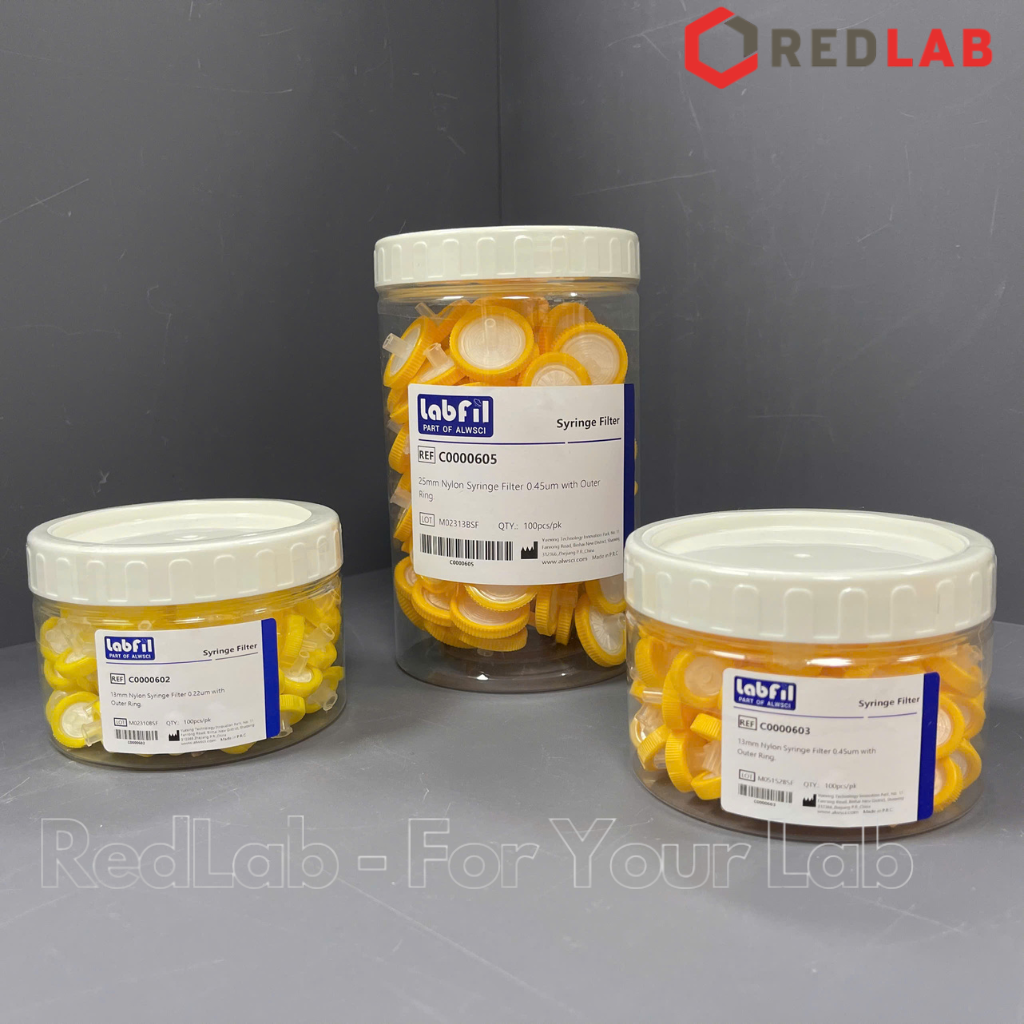 [Hộp 100 cái] Đầu lọc Nylon Syringe filter Labfill ALWSCI 13mm / 25mm, lỗ lọc 0.22um / 0 45um, dùng cho sắc ký HPLC, có VAT