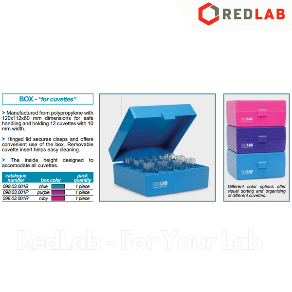 Hộp đựng cuvet có nắp đậy, 12 vị trí ISOLAB 098.03.001B, nhựa PP xanh blue, 120x112x60mm, box for cuvettes, có VAT
