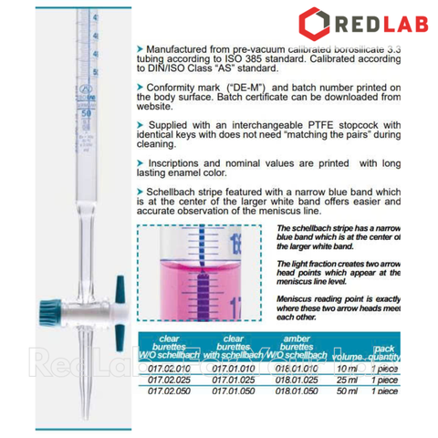 Buret thủy tinh trắng ISOLAB khóa nhựa PTFE Class AS 10 25 50 ml, có VAT