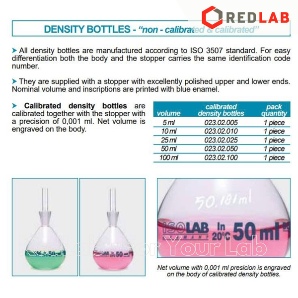 Bình đo tỷ trọng thuỷ tinh ISOLAB 10 25 50 100 ml, calibrated density bottles, có VAT