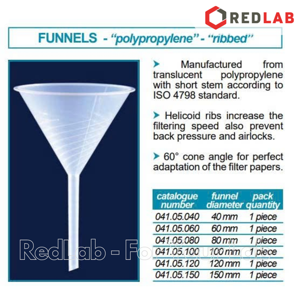 Phễu nhựa PP có gân ISOLAB Ø 40 60 80 100 120 150 mm, plastic ribbed funnel, có VAT