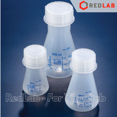 Bình tam giác nhựa PP có nắp vặn AZLON Scilabware 50 100 250 500 ml, polypropylene conical flask, screw cap, có VAT