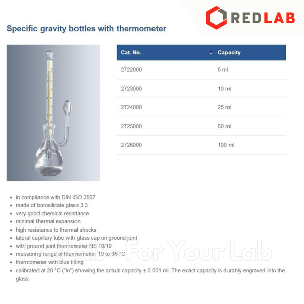 Bình đo tỷ trọng có nhiệt kế 10-35°C MARIENFELD 5 10 25 50 100 ml, specific gravity bottles with thermometer, có VAT