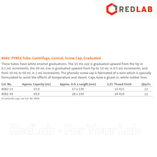 Ông ly tâm thuỷ tinh đáy nhọn có nắp 15ml 50ml PYREX 8082 Centrifuge tube, conical, screw cap, graduated, có VAT