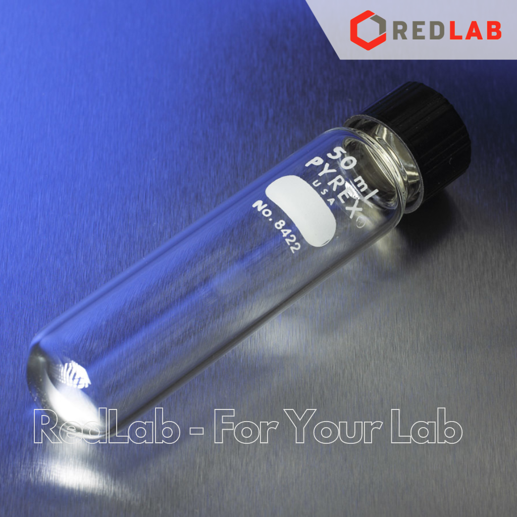 Ông ly tâm thuỷ tinh đáy tròn có nắp 50ml 100ml PYREX 8442 Centrifuge tube, heavy duty, round bottom, screw cap, có VAT