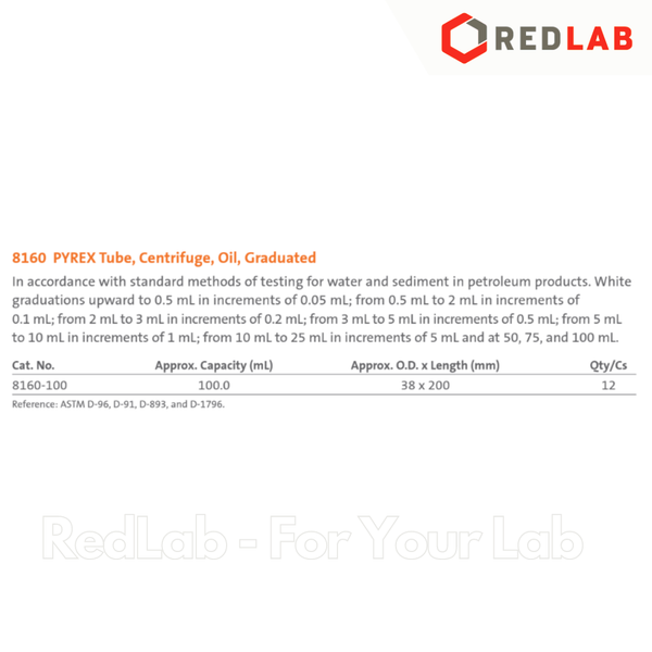 Ông ly tâm dầu thuỷ tinh 100ml, 38x200mm PYREX 8160-100 Centrifuge tube, Oil, graduated, có VAT