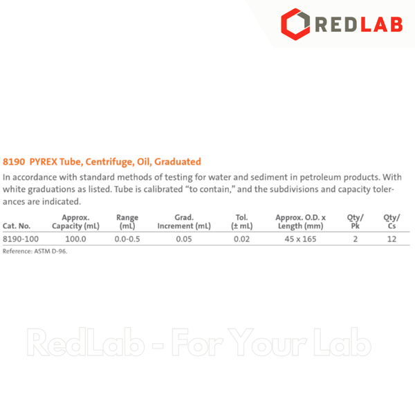 Ông ly tâm dầu thuỷ tinh 100ml, 45x165mm PYREX 8190-100 Centrifuge tube, Oil, graduated, có VAT
