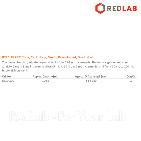 Ông ly tâm dầu thuỷ tinh 100ml, 58x159mm PYREX 8220-100 Centrifuge tube, Goetz, Pear-shaped, graduated, có VAT