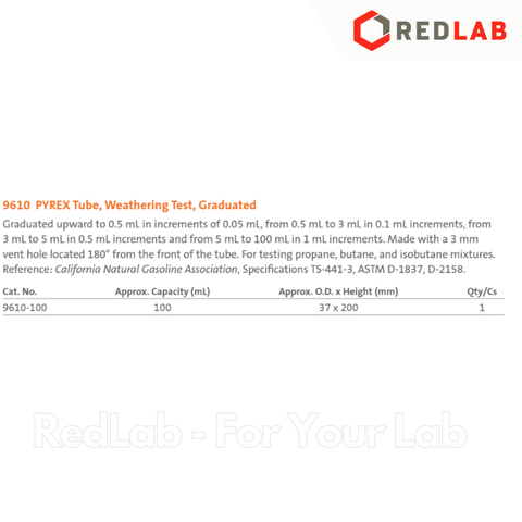 Ông ly tâm dầu thuỷ tinh 100ml, 37x200mm PYREX 9610-100 Centrifuge tube, Weathering Test, graduated, có VAT