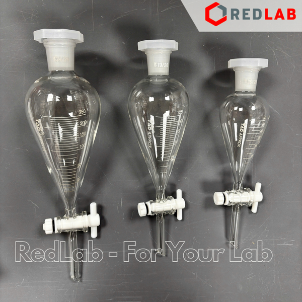 Phễu chiết quả lê khoá nhựa teflon GlassTAO kẻ vạch 60 125 250 500 1000 ml, bình lắng gạn thủy tinh thí nghiệm, có VAT