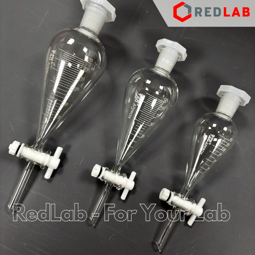 Phễu chiết quả lê khoá nhựa teflon GlassTAO kẻ vạch 60 125 250 500 1000 ml, bình lắng gạn thủy tinh thí nghiệm, có VAT
