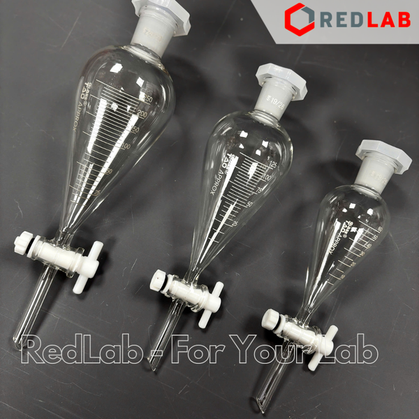 Phễu chiết quả lê khoá nhựa teflon GlassTAO kẻ vạch 60 125 250 500 1000 ml, bình lắng gạn thủy tinh thí nghiệm, có VAT
