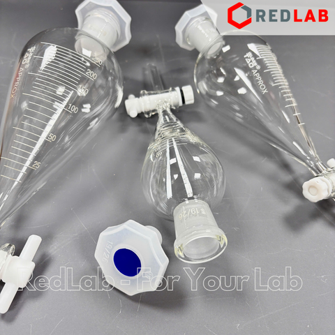 Phễu chiết quả lê khoá nhựa teflon GlassTAO kẻ vạch 60 125 250 500 1000 ml, bình lắng gạn thủy tinh thí nghiệm, có VAT